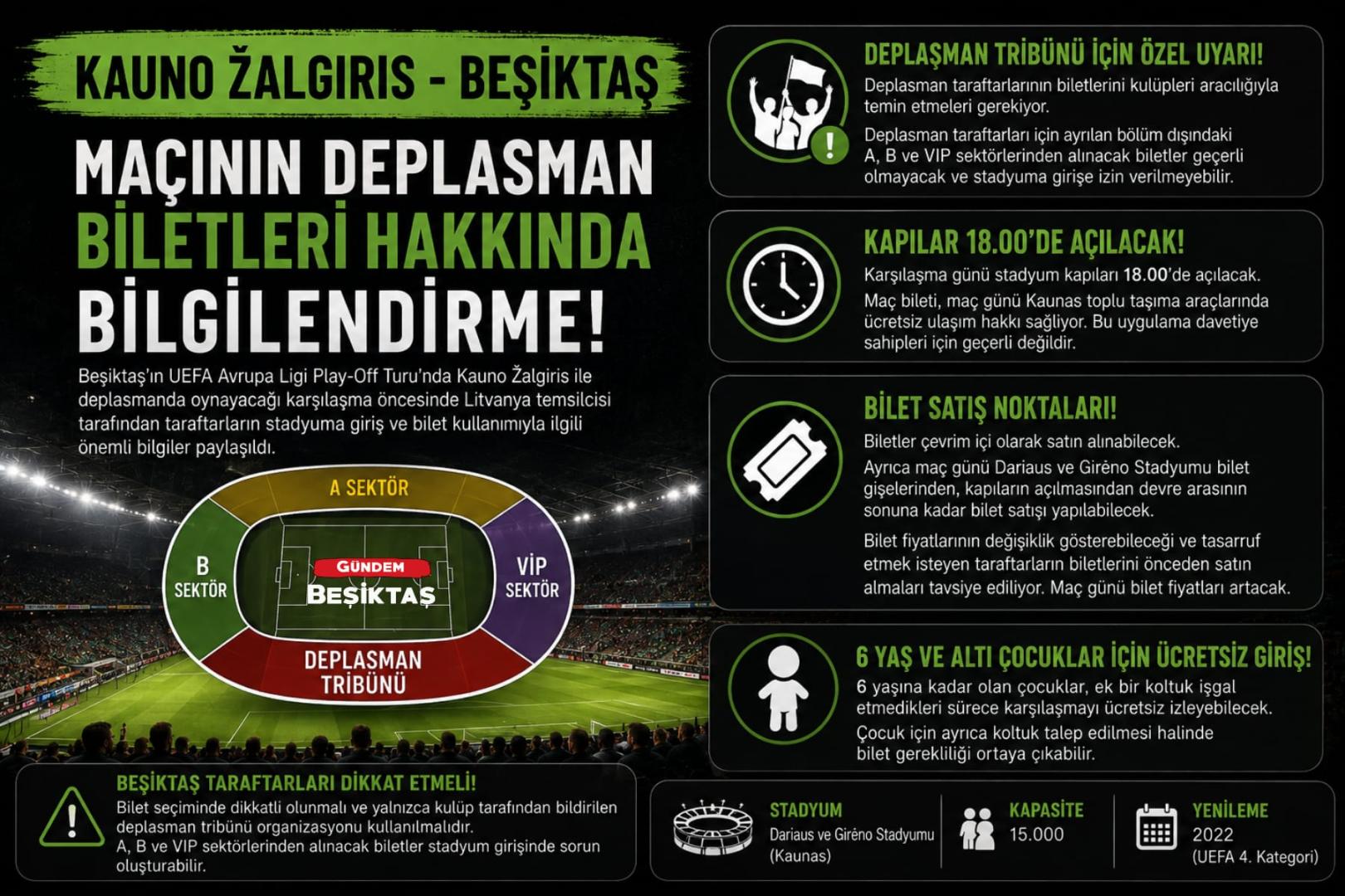 Kauno Zalgiris - Beşiktaş maçının deplasman biletleri hakkında bilgilendirme!