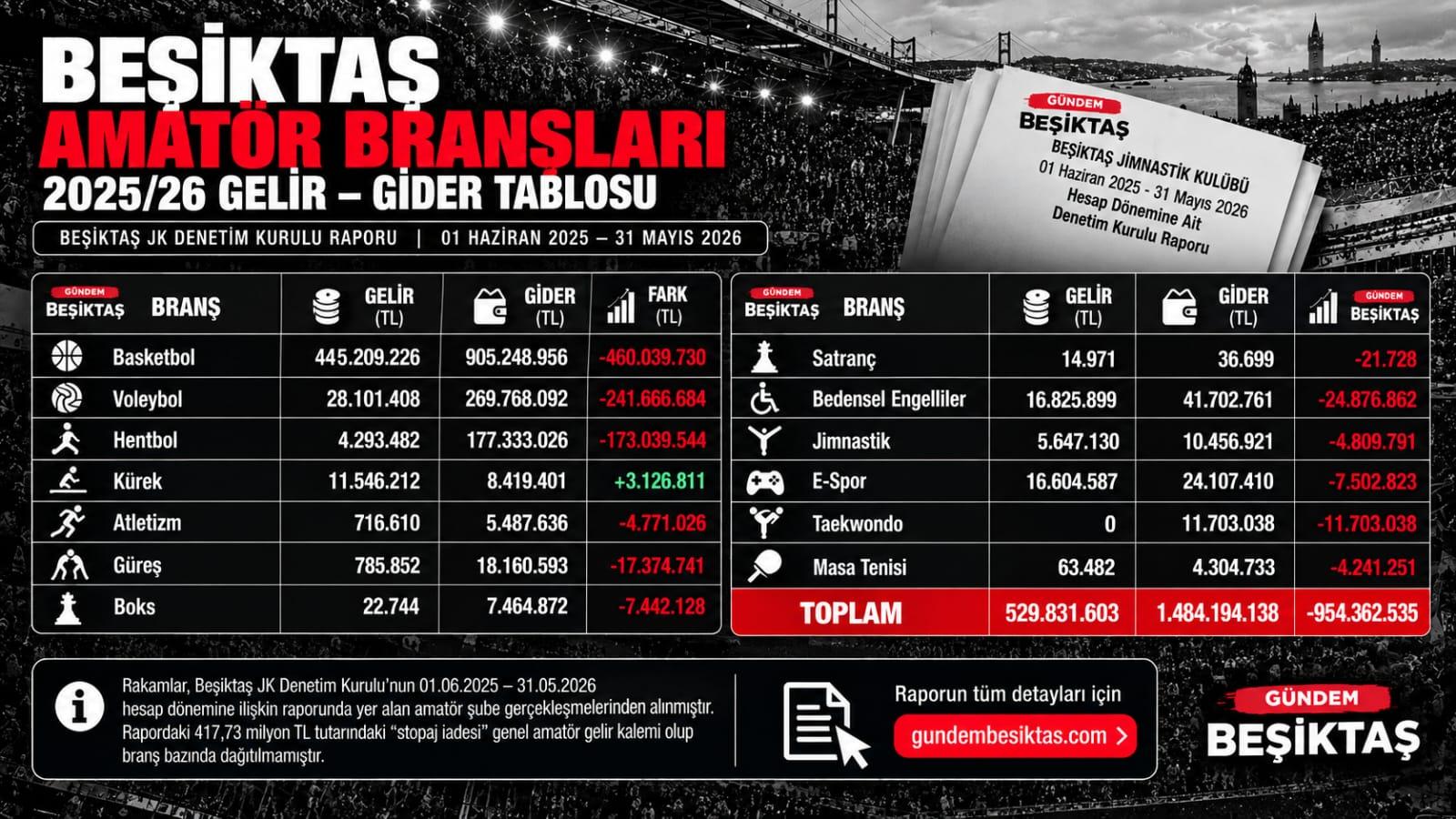 Beşiktaş’ın amatör branşlarında 954 Milyon TL’lik gelir-gider farkı!